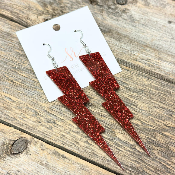 XLarge Lightning Bolt Earrings | Glitter Red