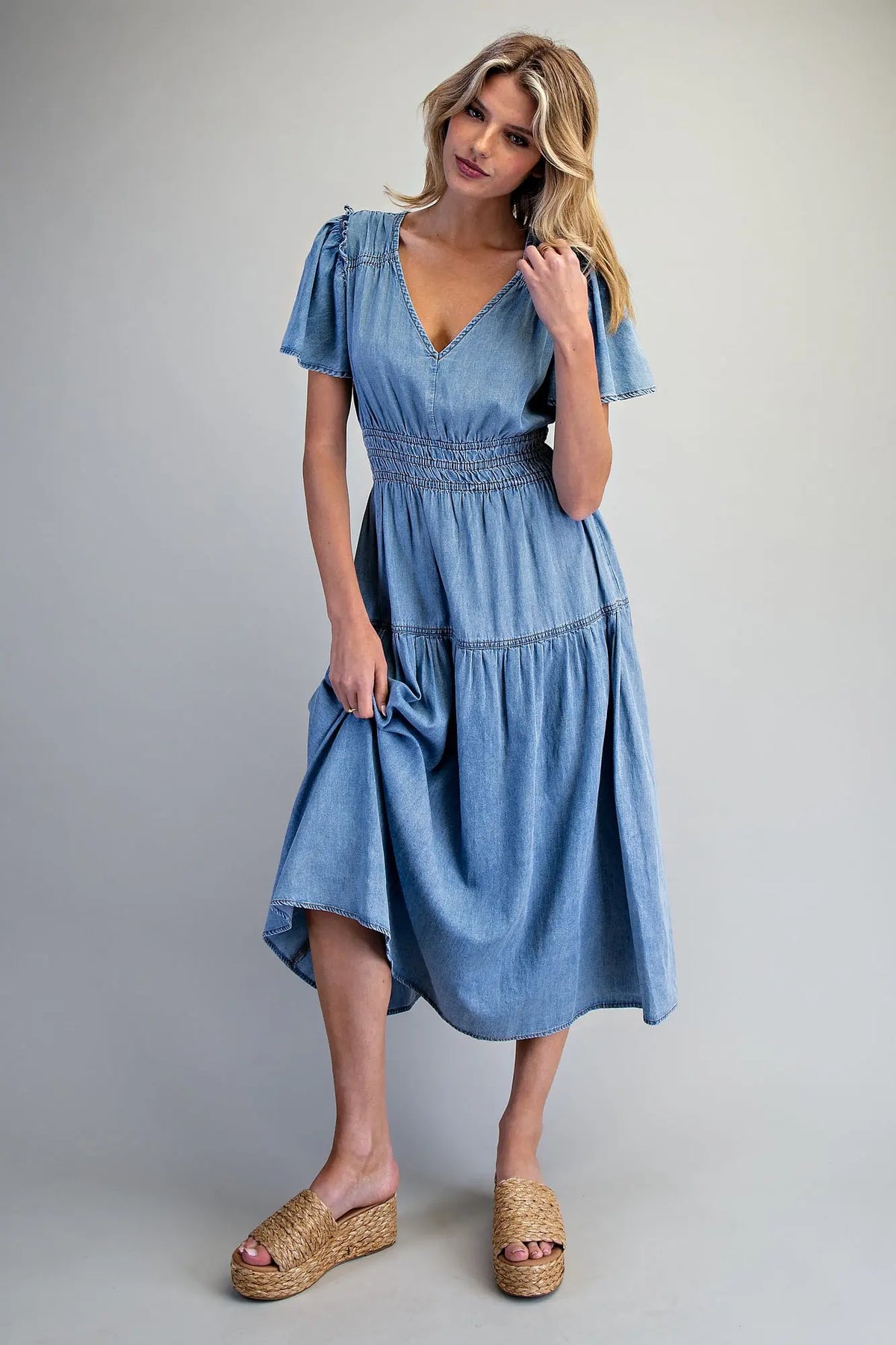Snow Washed Smocked Maxi Dress | Denim