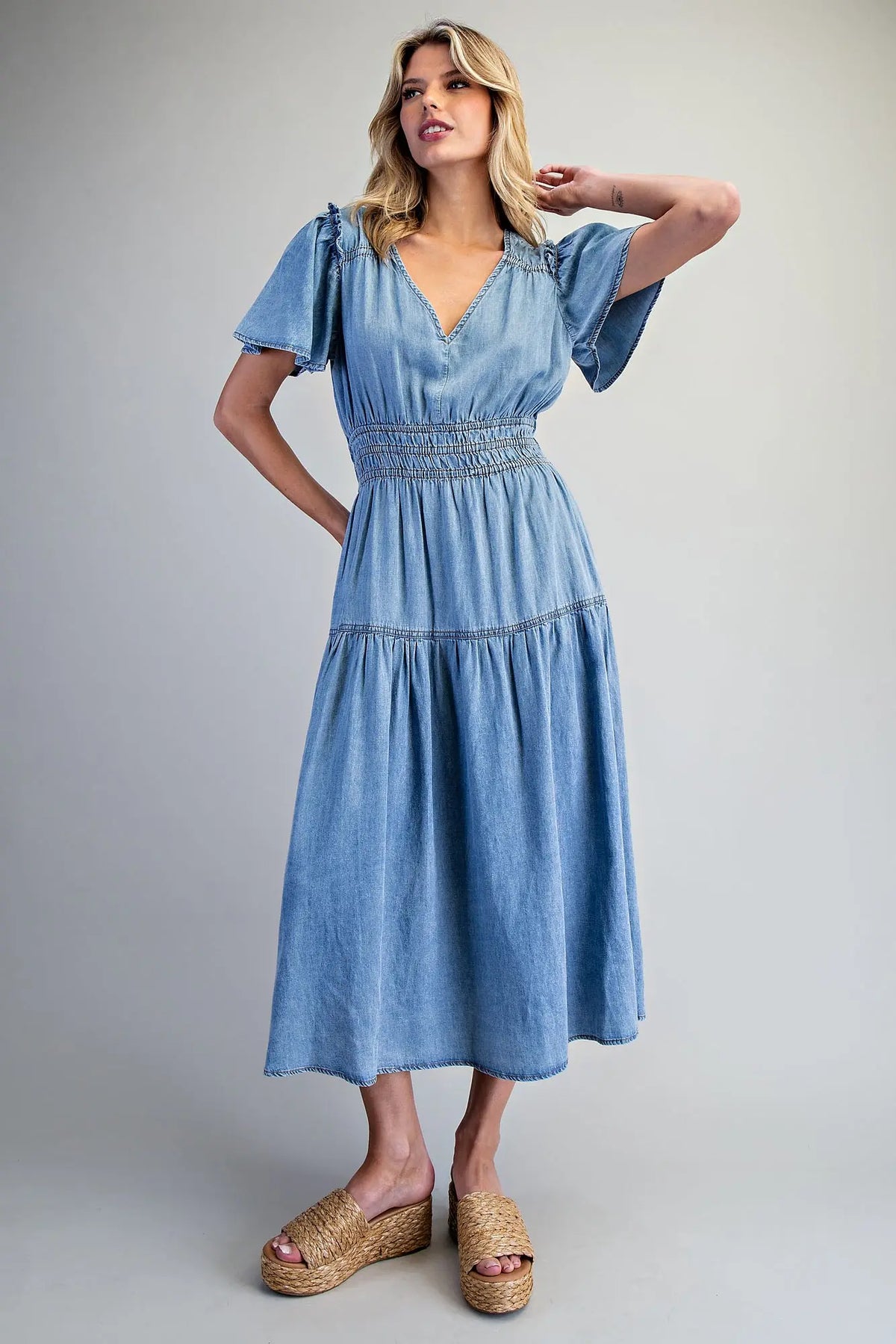 Snow Washed Smocked Maxi Dress | Denim