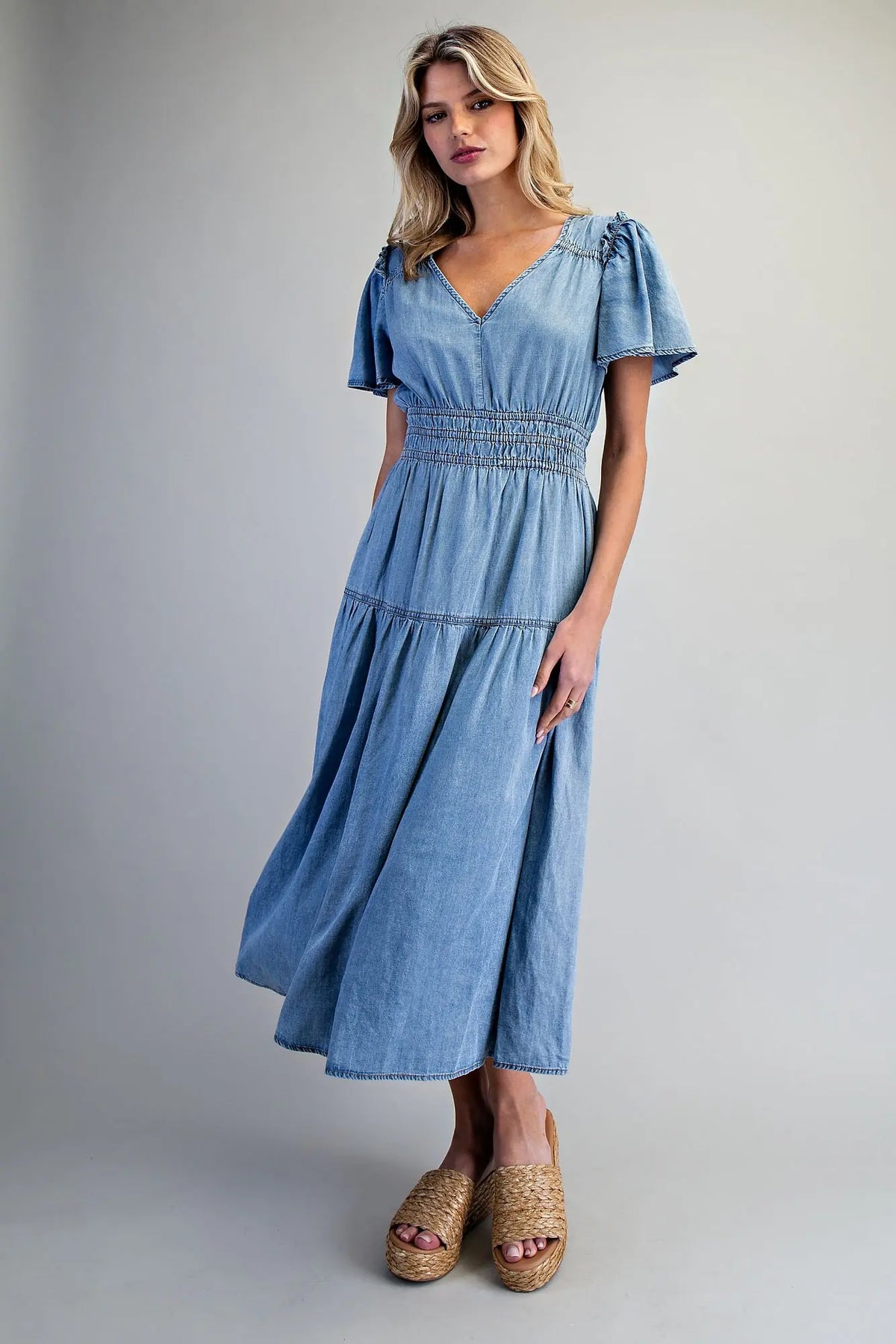 Snow Washed Smocked Maxi Dress | Denim