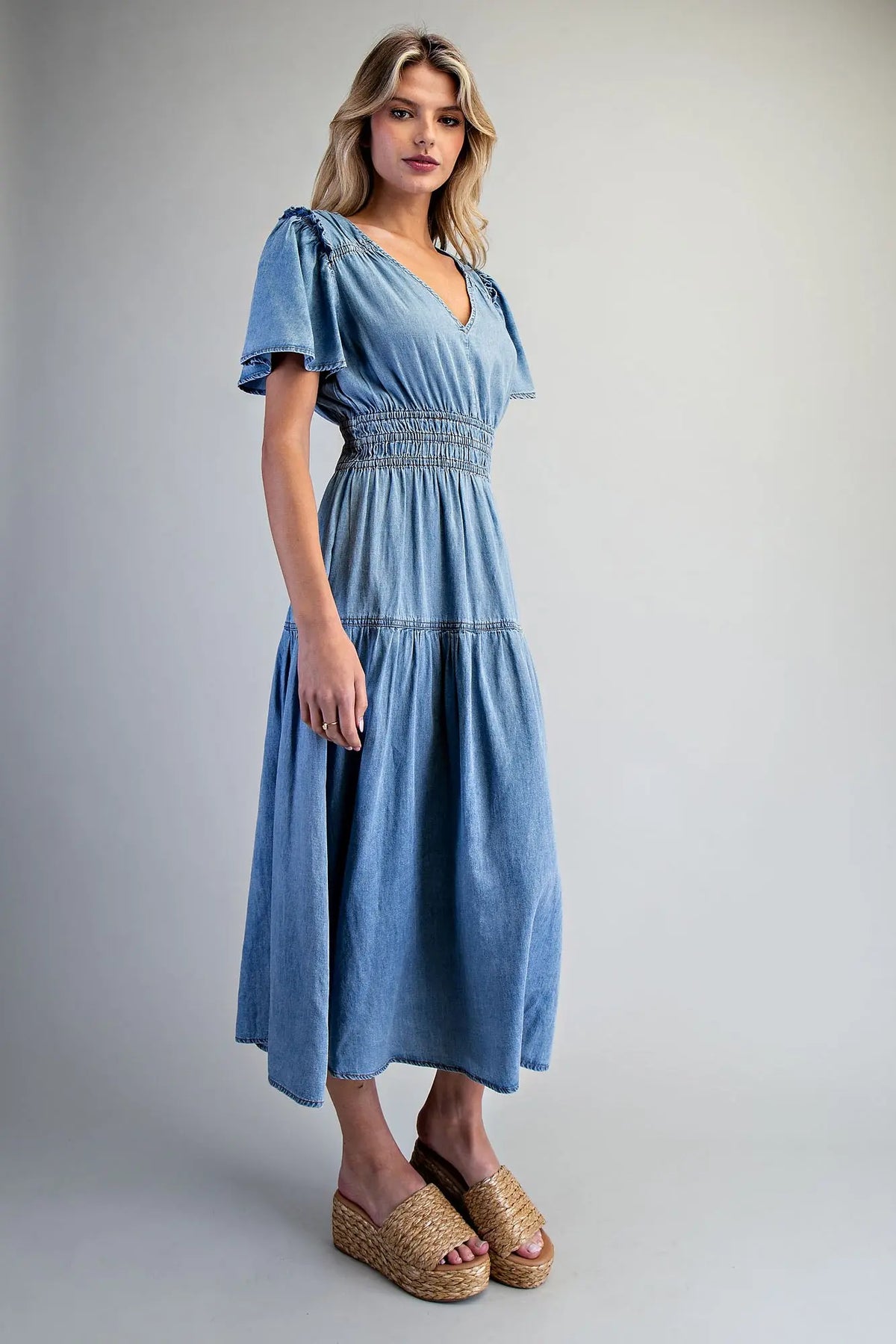 Snow Washed Smocked Maxi Dress | Denim