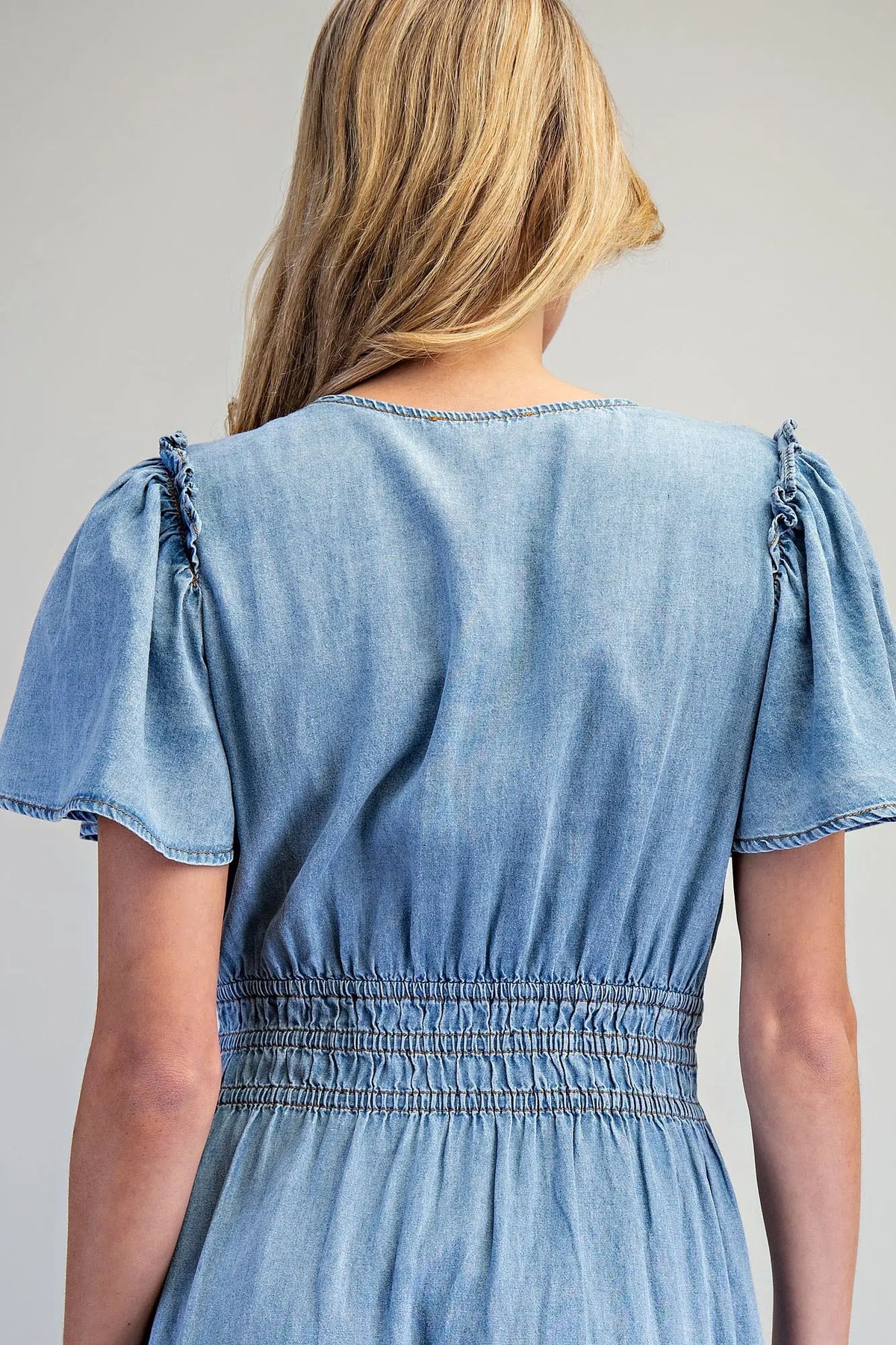 Snow Washed Smocked Maxi Dress | Denim