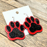 Cougar Paw Glitter Acrylic Earrings | Red+Black