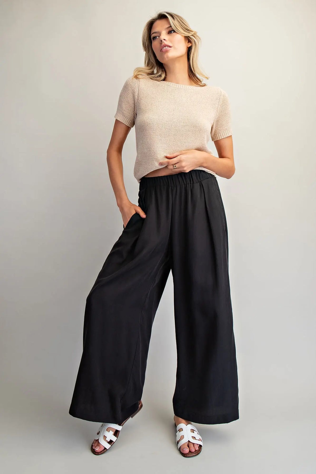 Elastic Waist Wide Leg Pants | Black