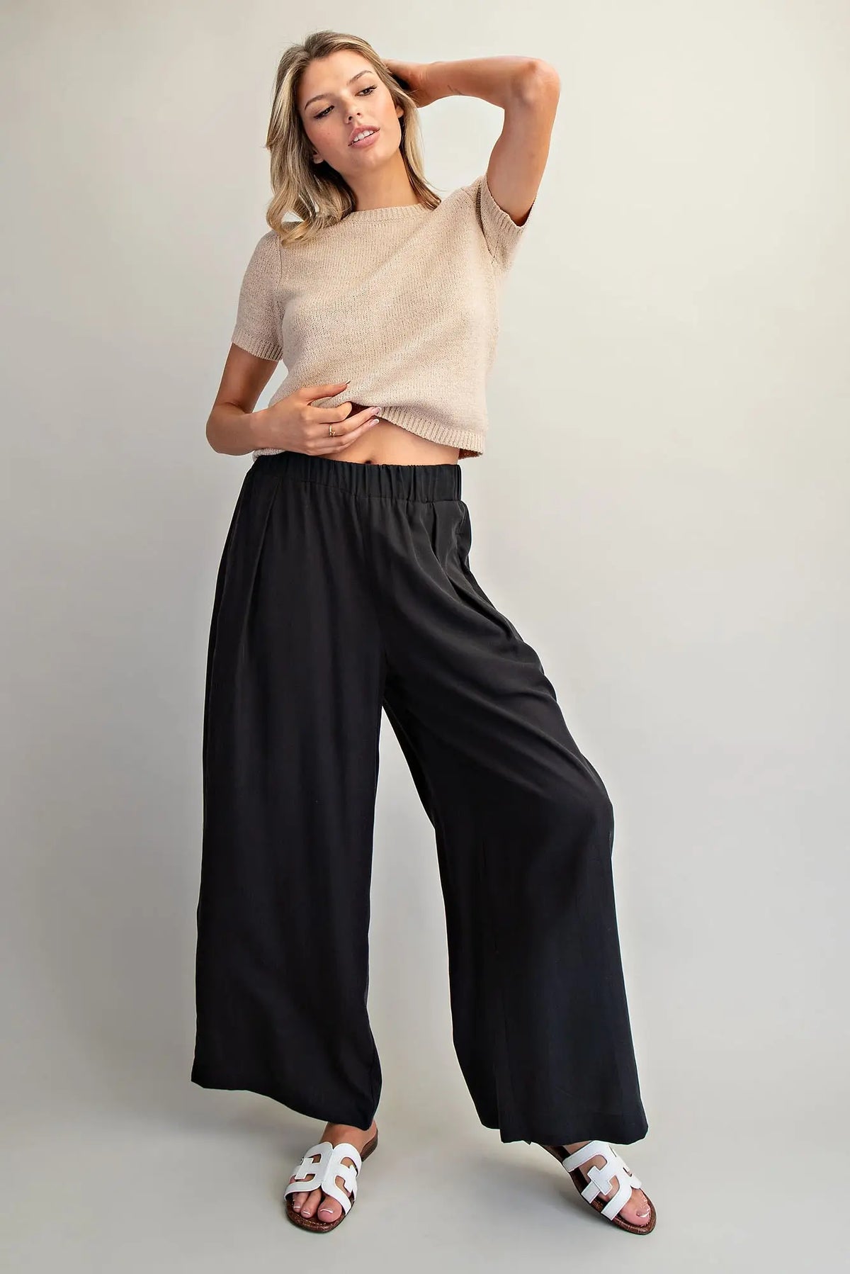 Elastic Waist Wide Leg Pants | Black