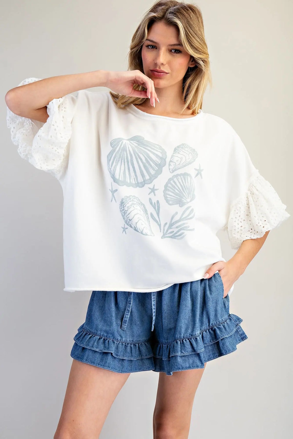 Lace Puff Sleeve Seashell Top | Off White