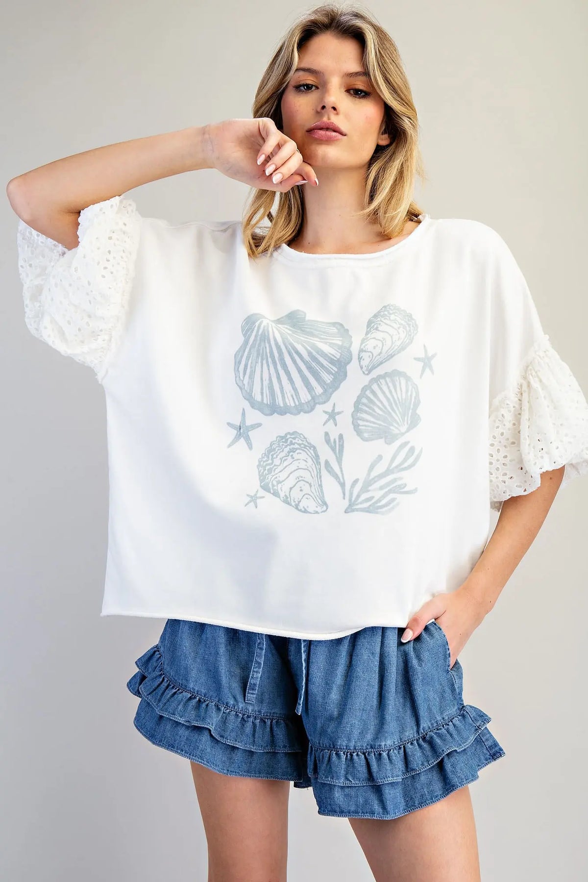 Lace Puff Sleeve Seashell Top | Off White