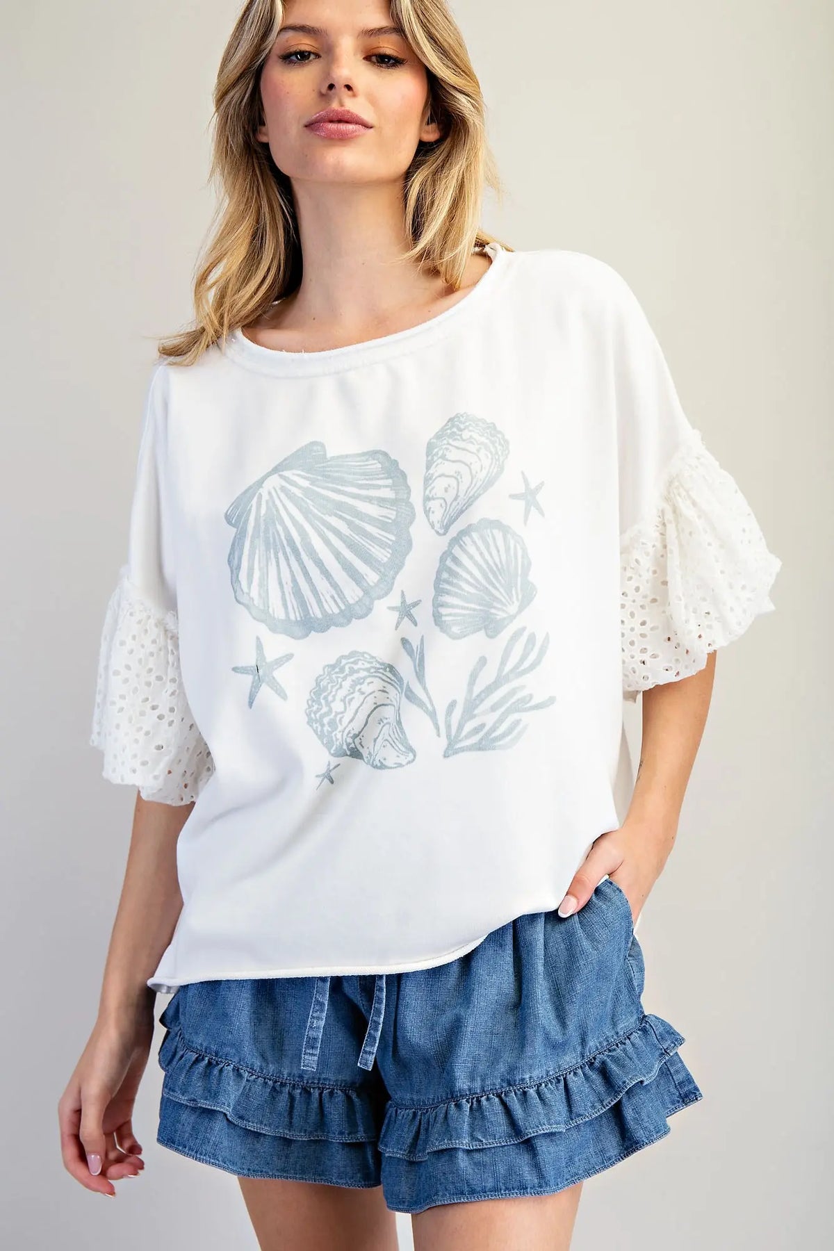 Lace Puff Sleeve Seashell Top | Off White