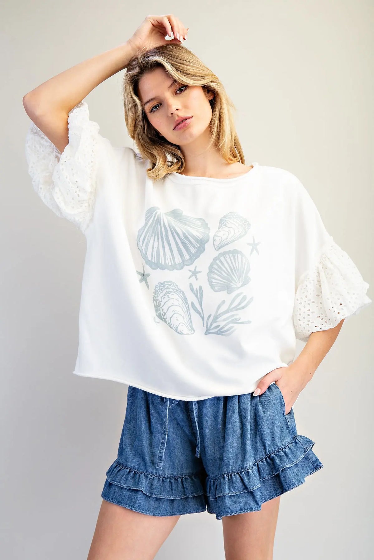 Lace Puff Sleeve Seashell Top | Off White