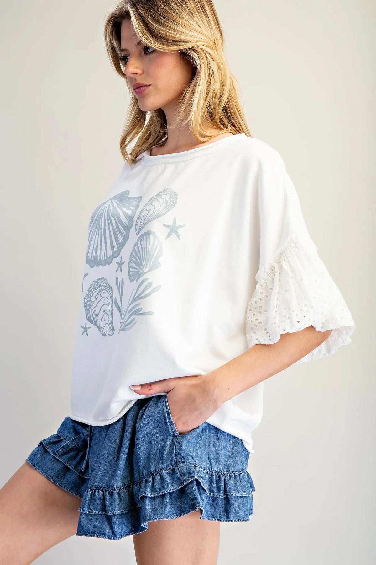 Lace Puff Sleeve Seashell Top | Off White