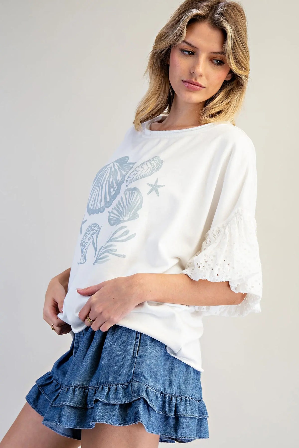 Lace Puff Sleeve Seashell Top | Off White