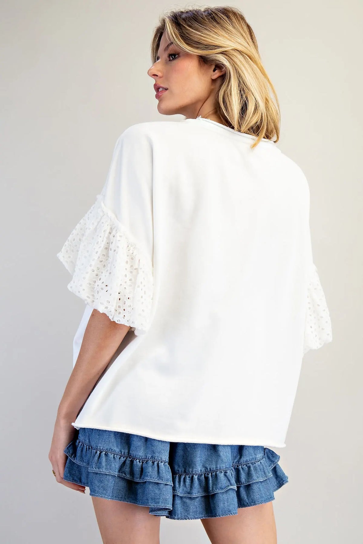 Lace Puff Sleeve Seashell Top | Off White