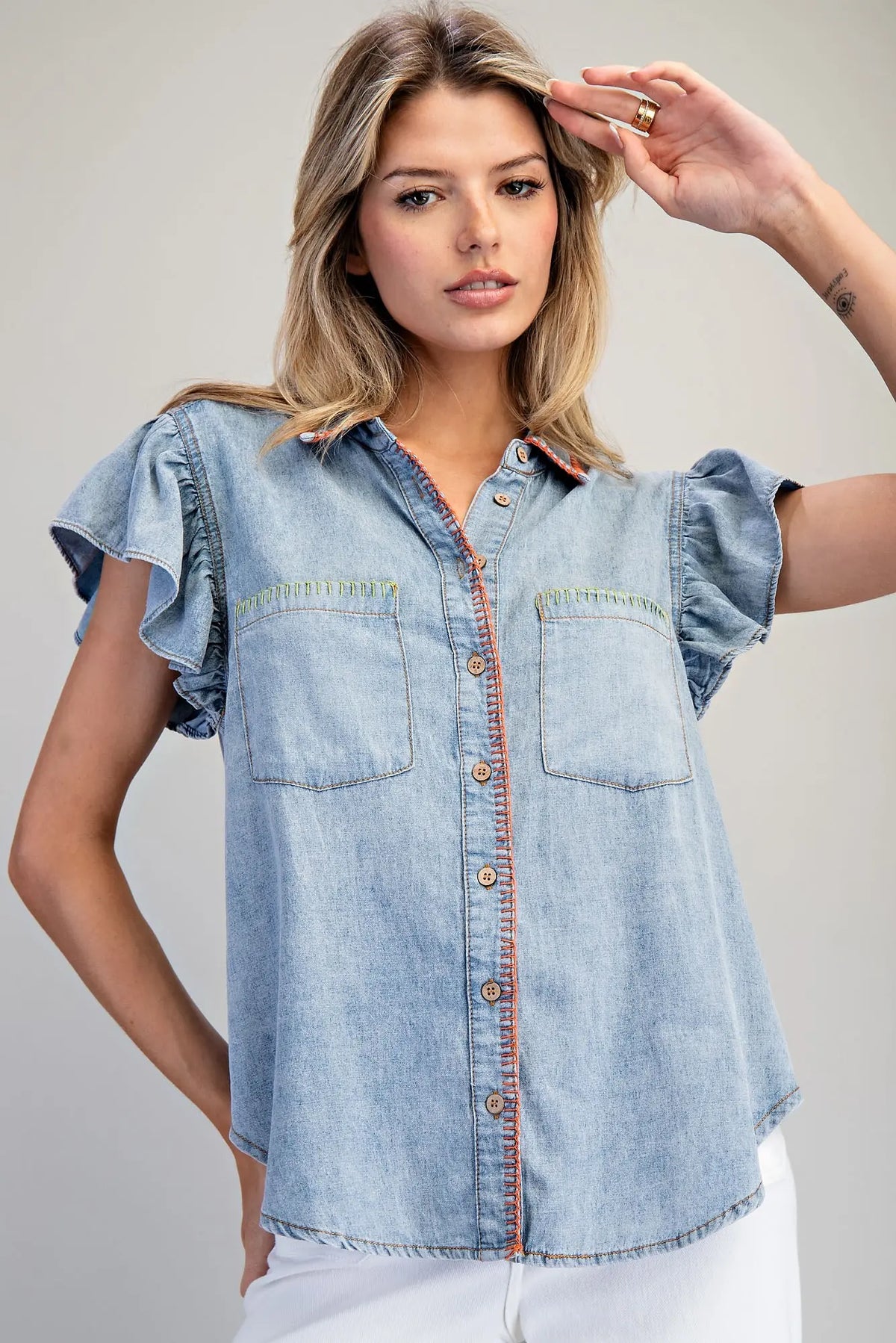 Snow Washed Whipstitch Button Down Top | Denim