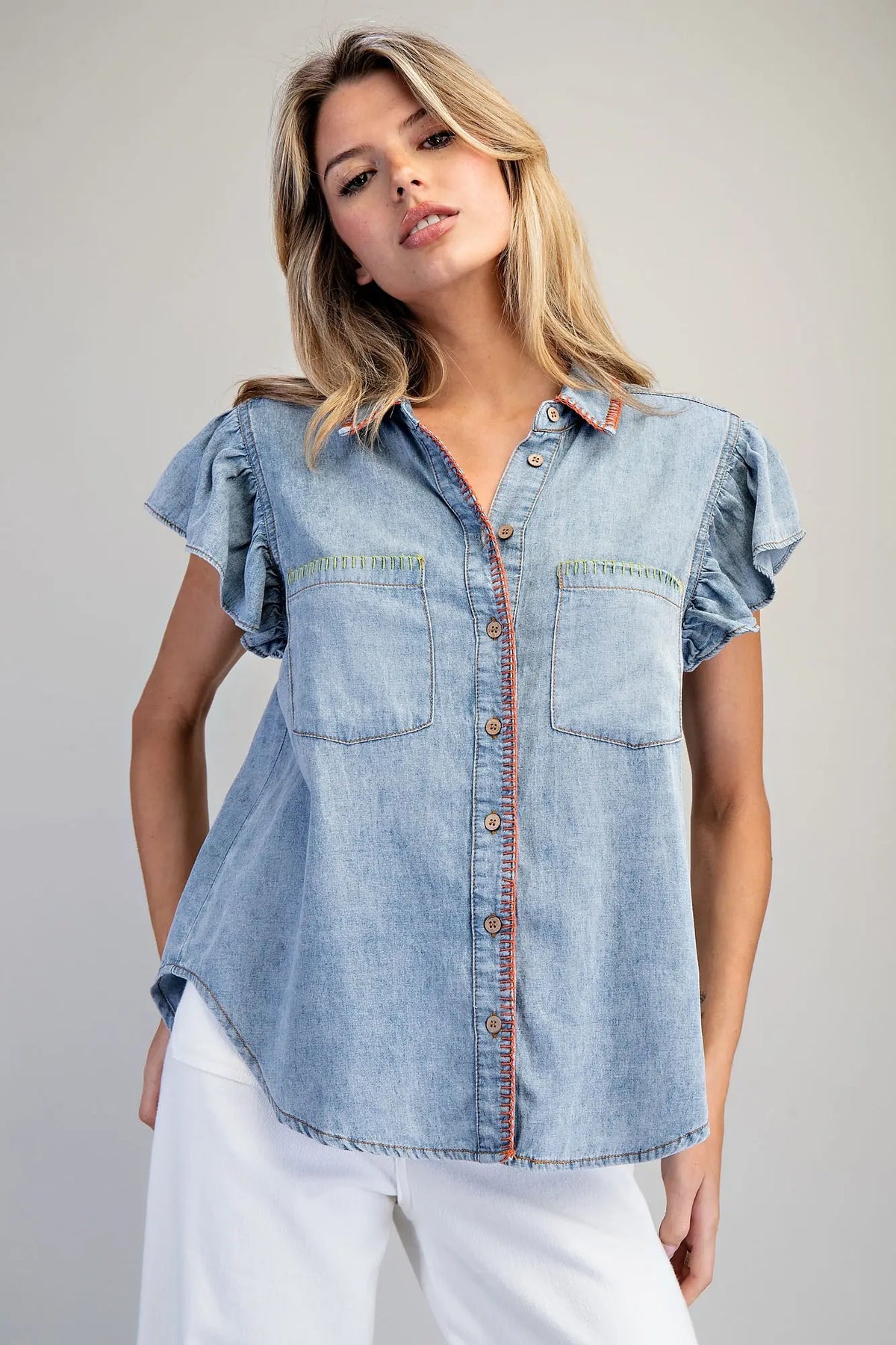 Snow Washed Whipstitch Button Down Top | Denim
