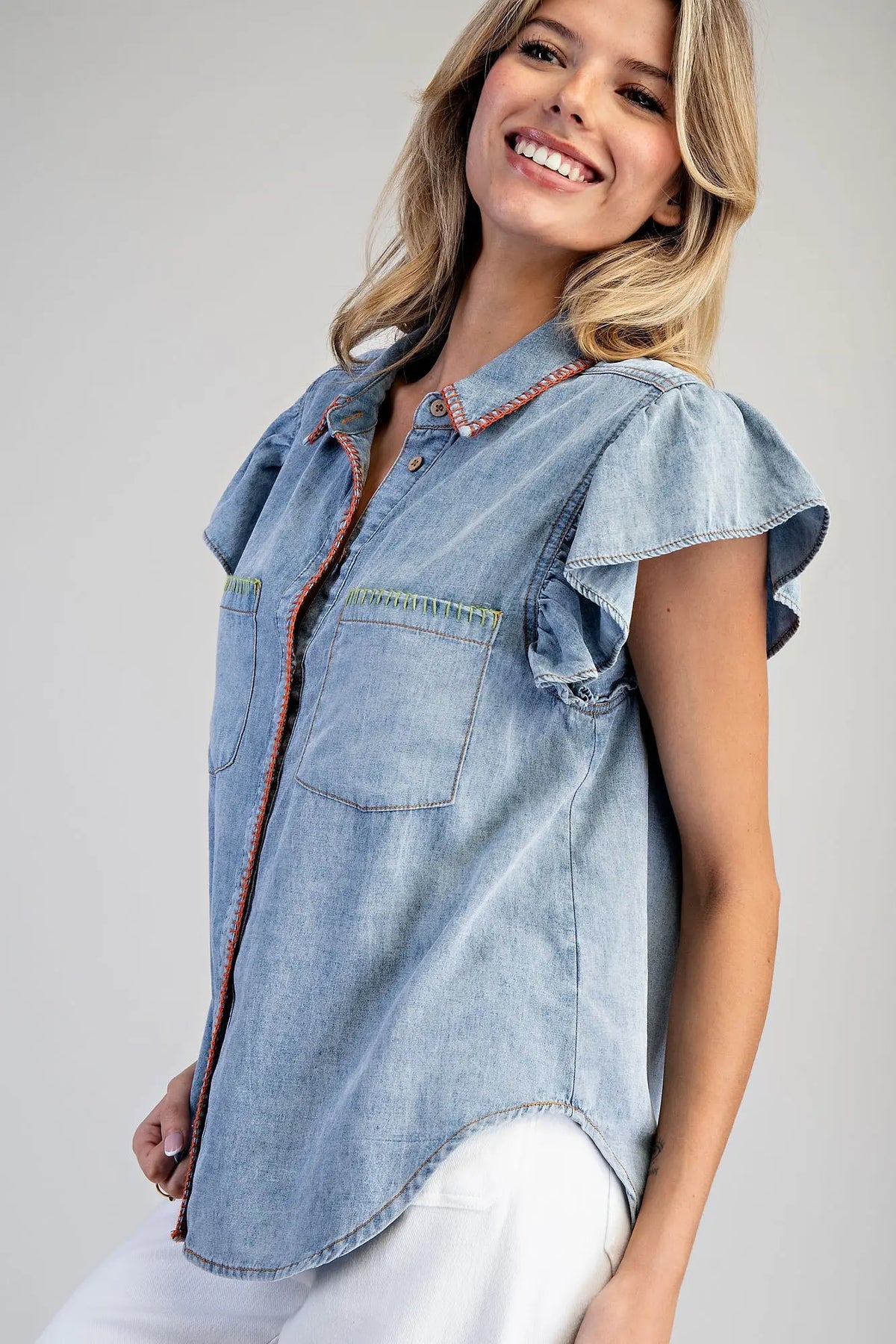 Snow Washed Whipstitch Button Down Top | Denim