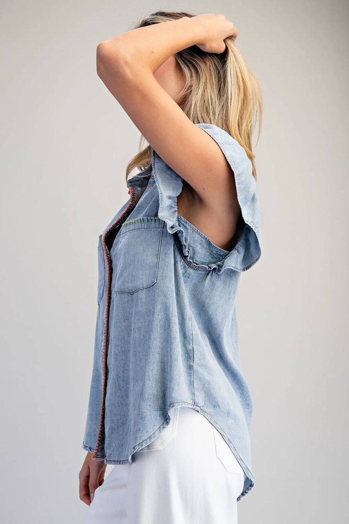 Snow Washed Whipstitch Button Down Top | Denim