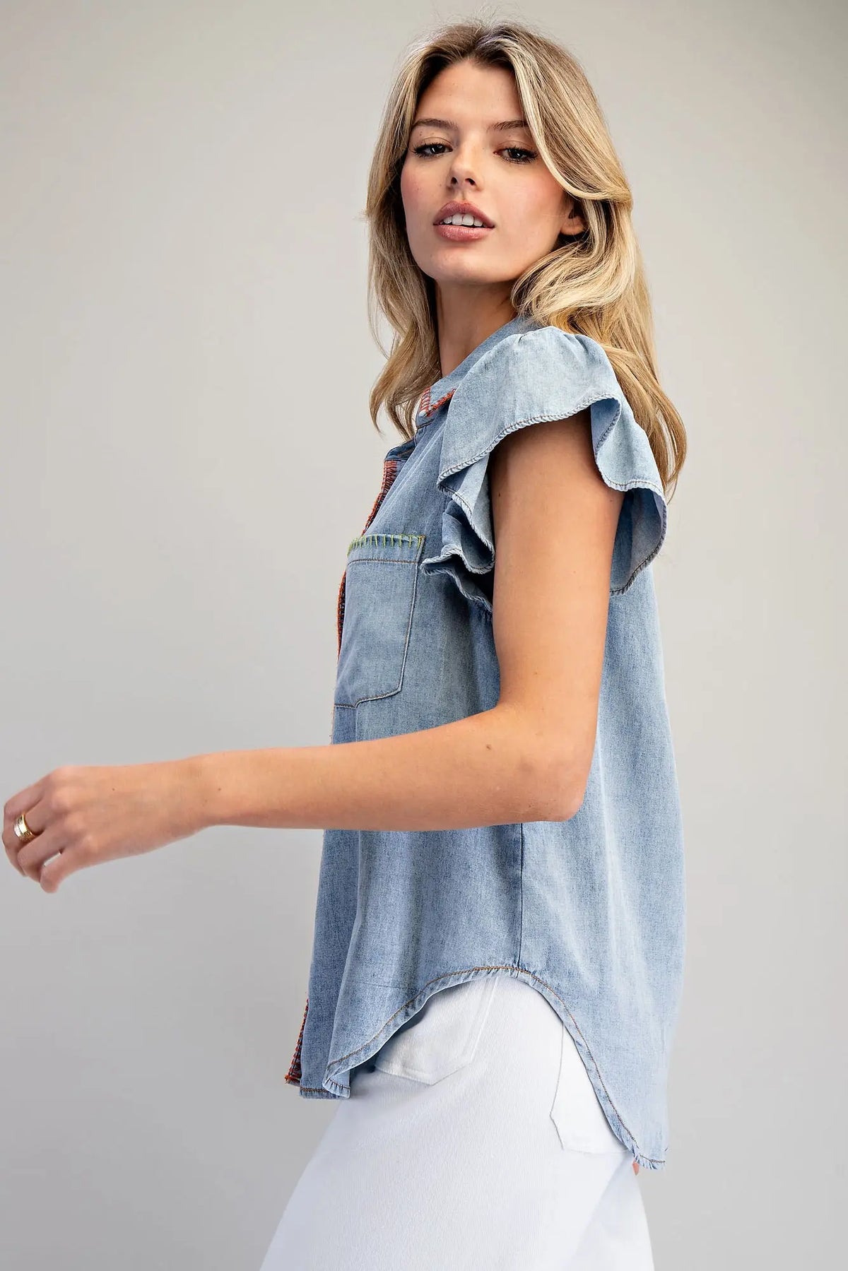 Snow Washed Whipstitch Button Down Top | Denim