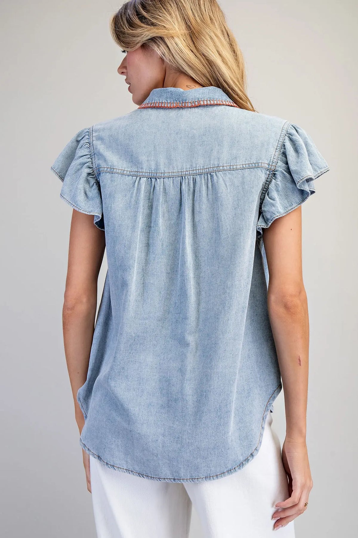 Snow Washed Whipstitch Button Down Top | Denim