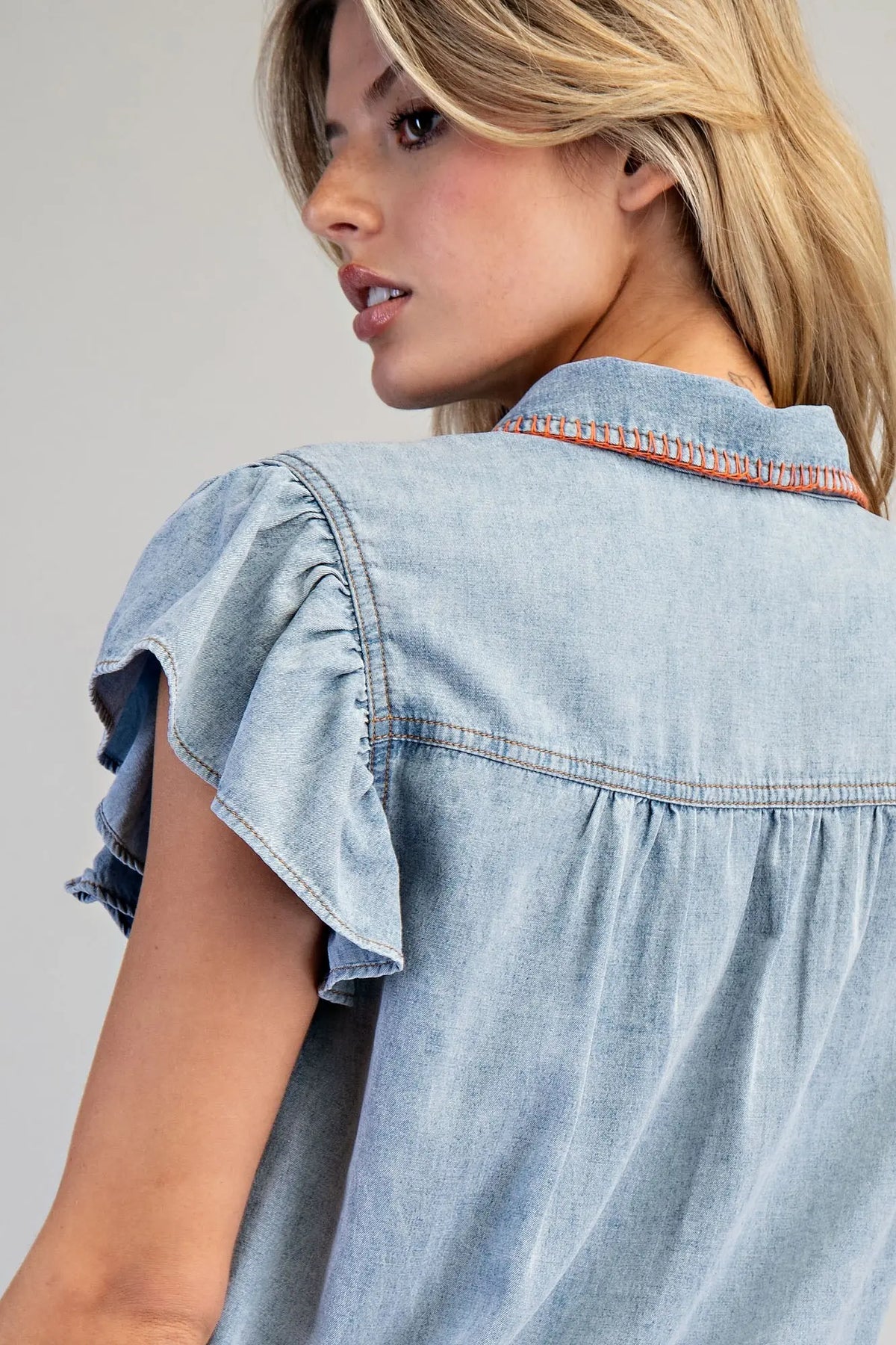 Snow Washed Whipstitch Button Down Top | Denim