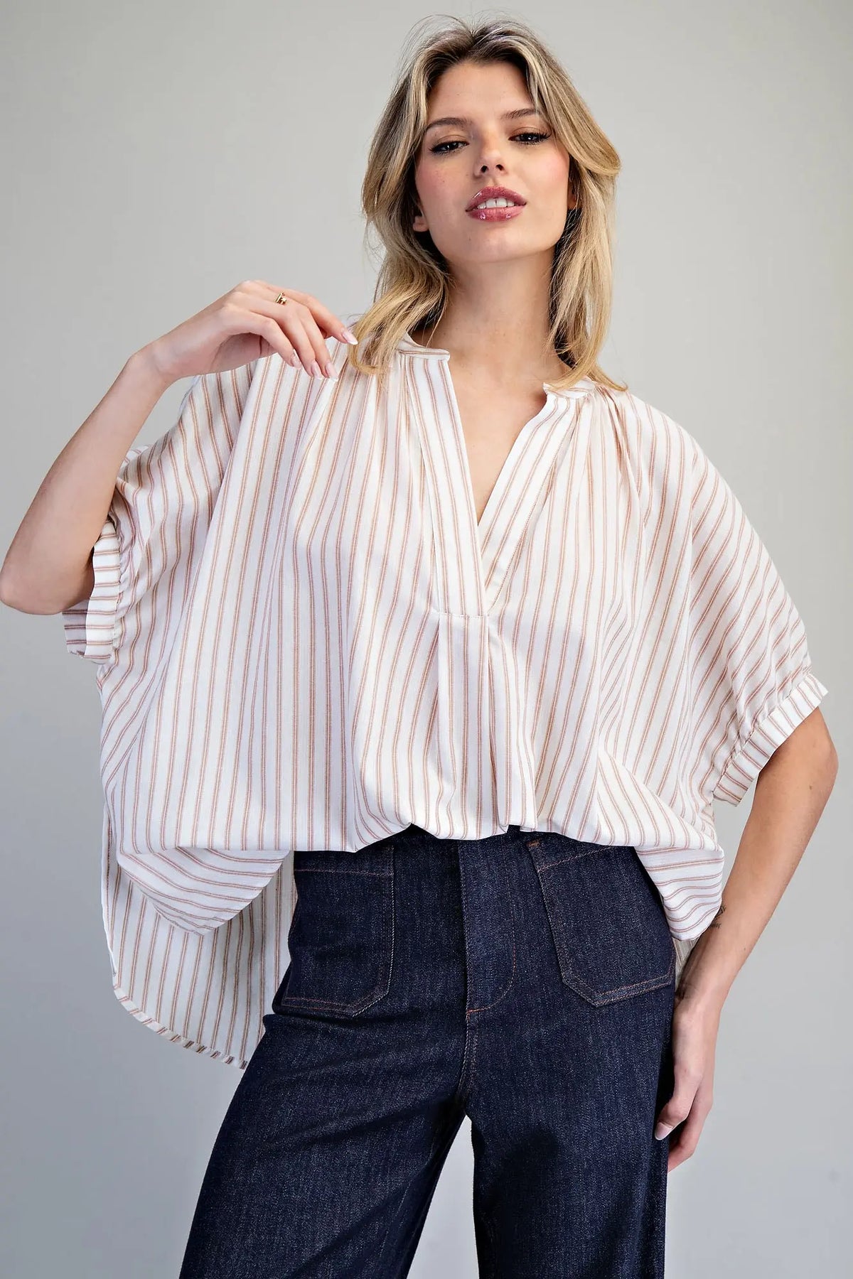 Striped Split Neck Dolman Sleeve Top | Rosewood