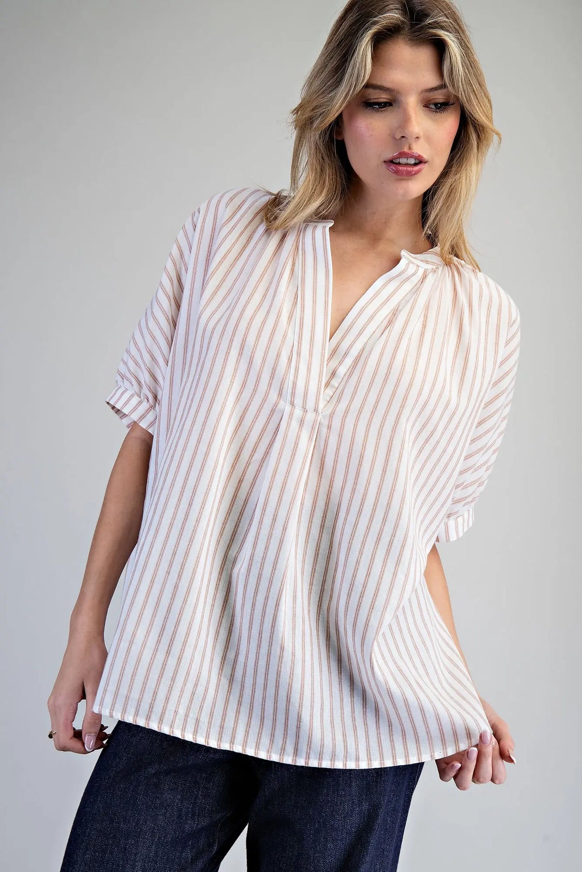 Striped Split Neck Dolman Sleeve Top | Rosewood