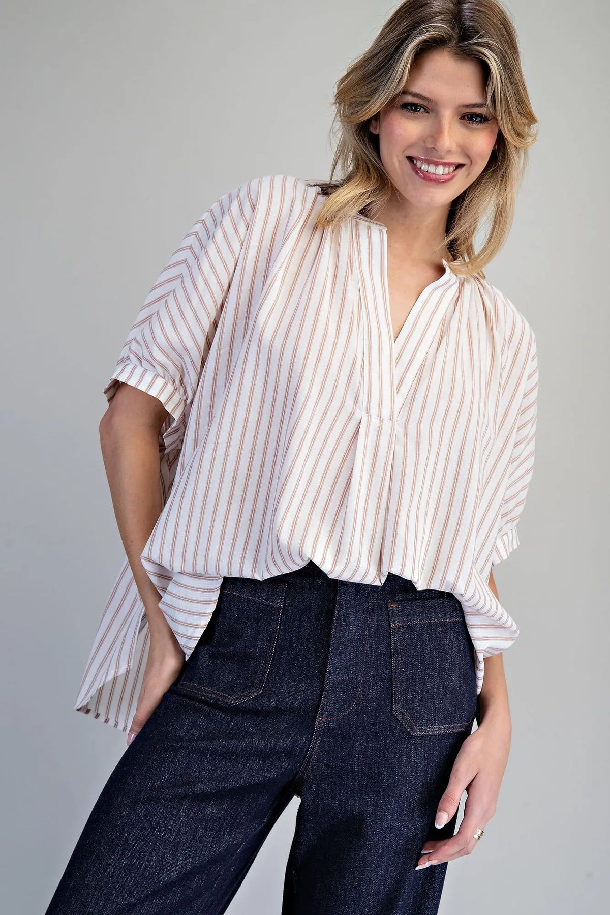 Striped Split Neck Dolman Sleeve Top | Rosewood
