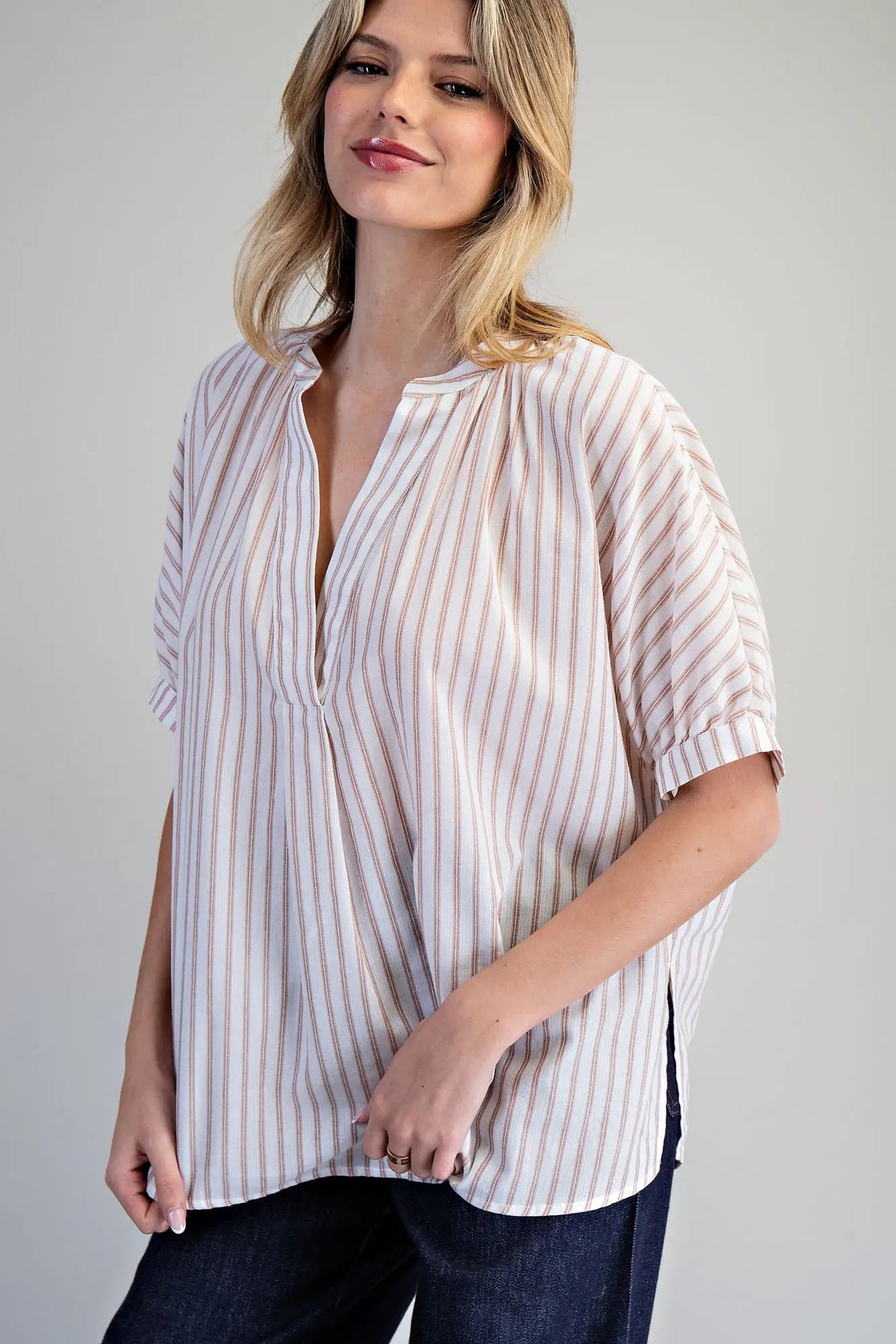 Striped Split Neck Dolman Sleeve Top | Rosewood