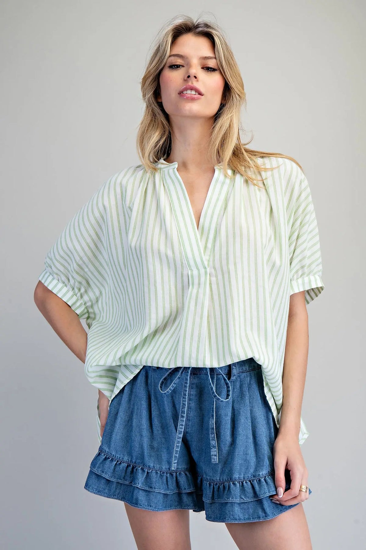 Striped Split Neck Dolman Sleeve Top | Eucalyptus
