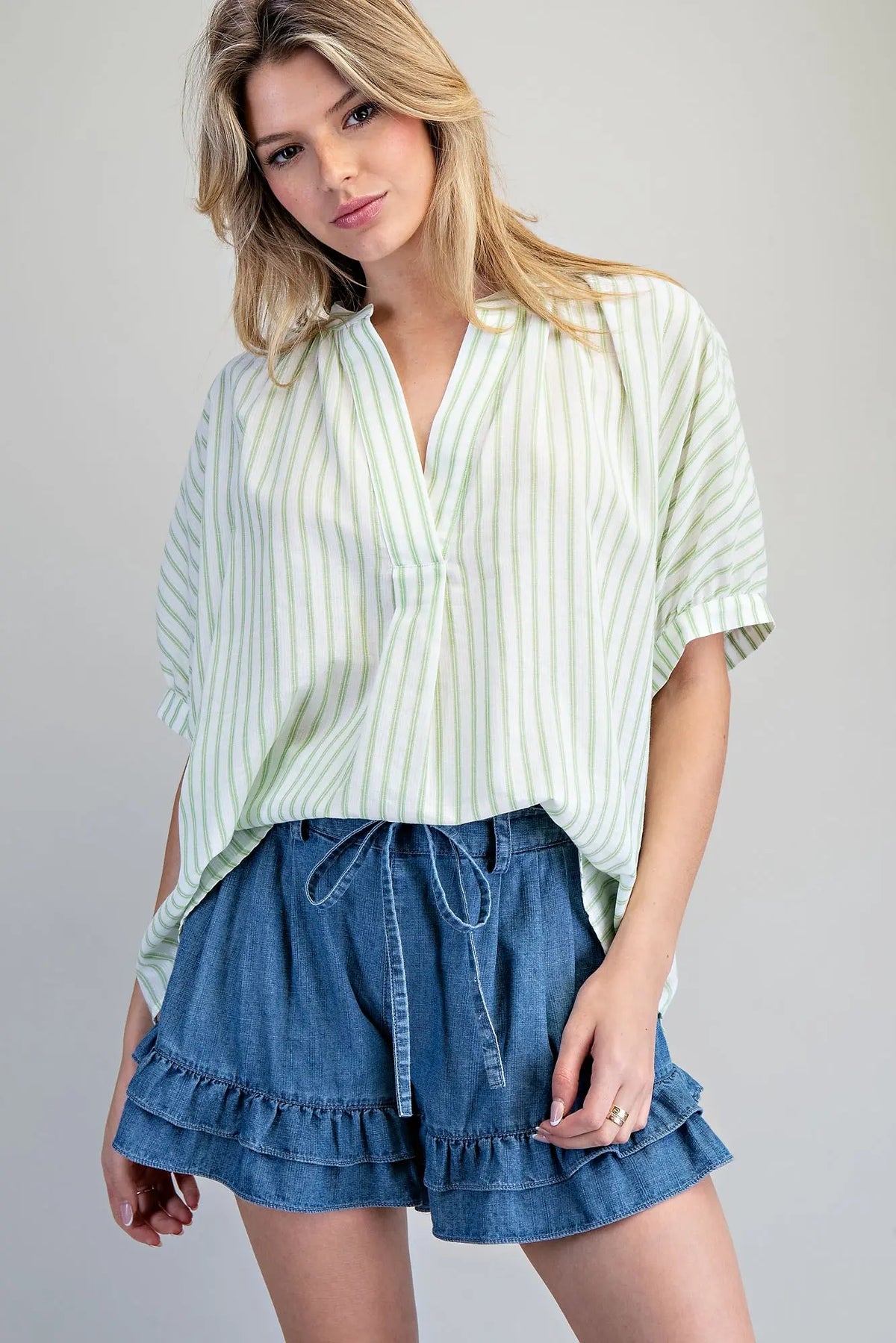 Striped Split Neck Dolman Sleeve Top | Eucalyptus