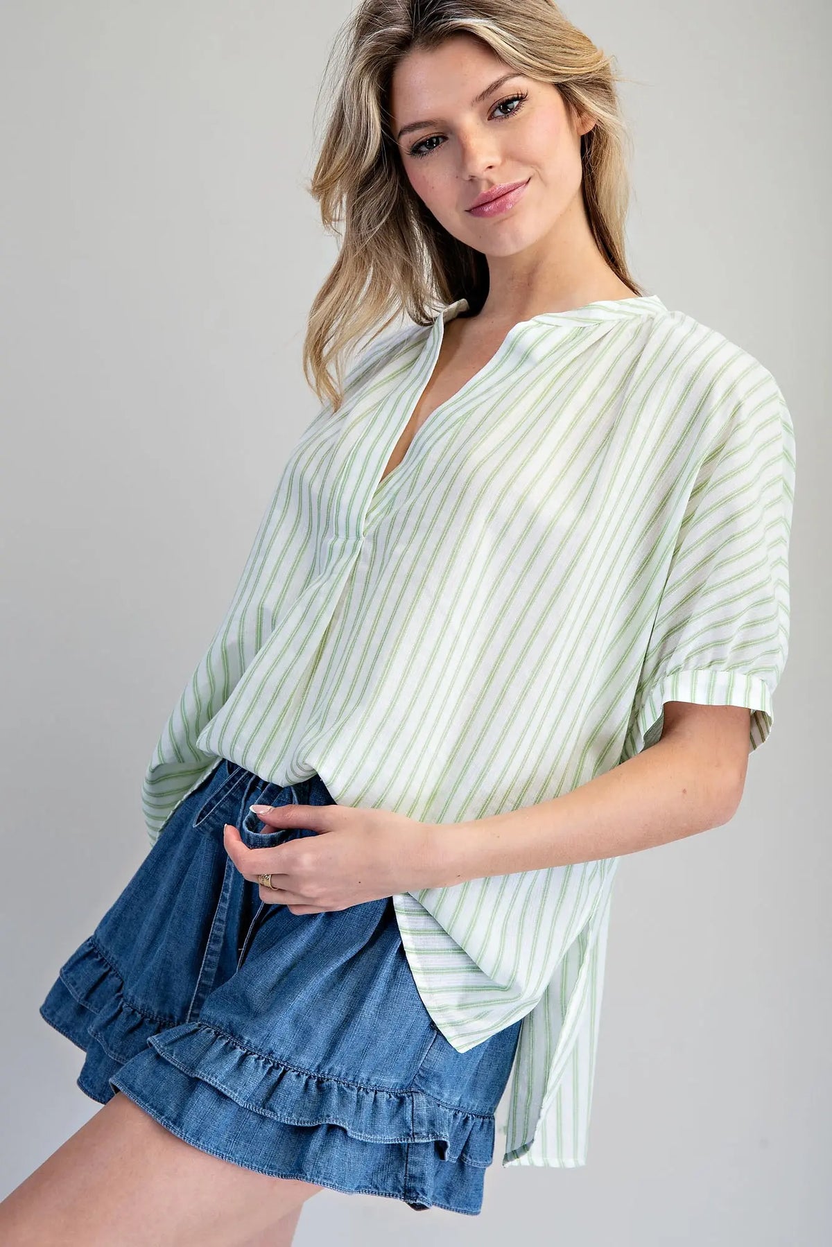 Striped Split Neck Dolman Sleeve Top | Eucalyptus
