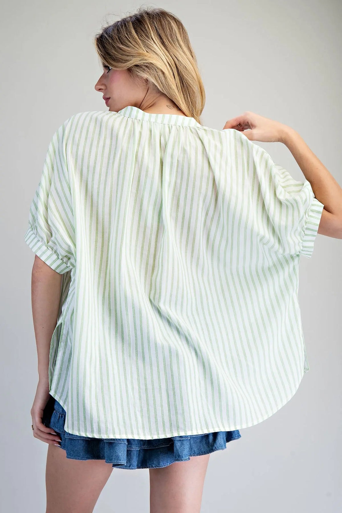 Striped Split Neck Dolman Sleeve Top | Eucalyptus
