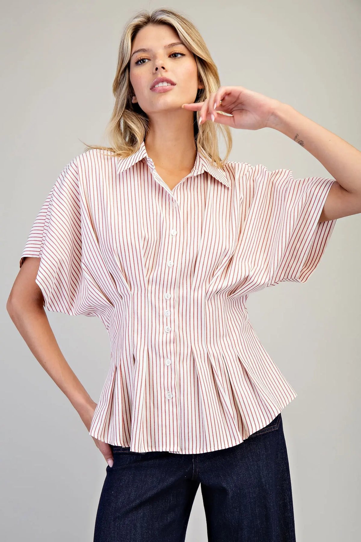 Striped Pleated Collared Button Down Top | Raspberry