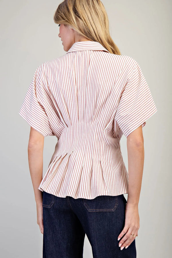 Striped Pleated Collared Button Down Top | Raspberry