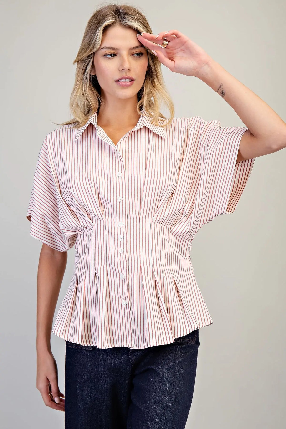Striped Pleated Collared Button Down Top | Raspberry