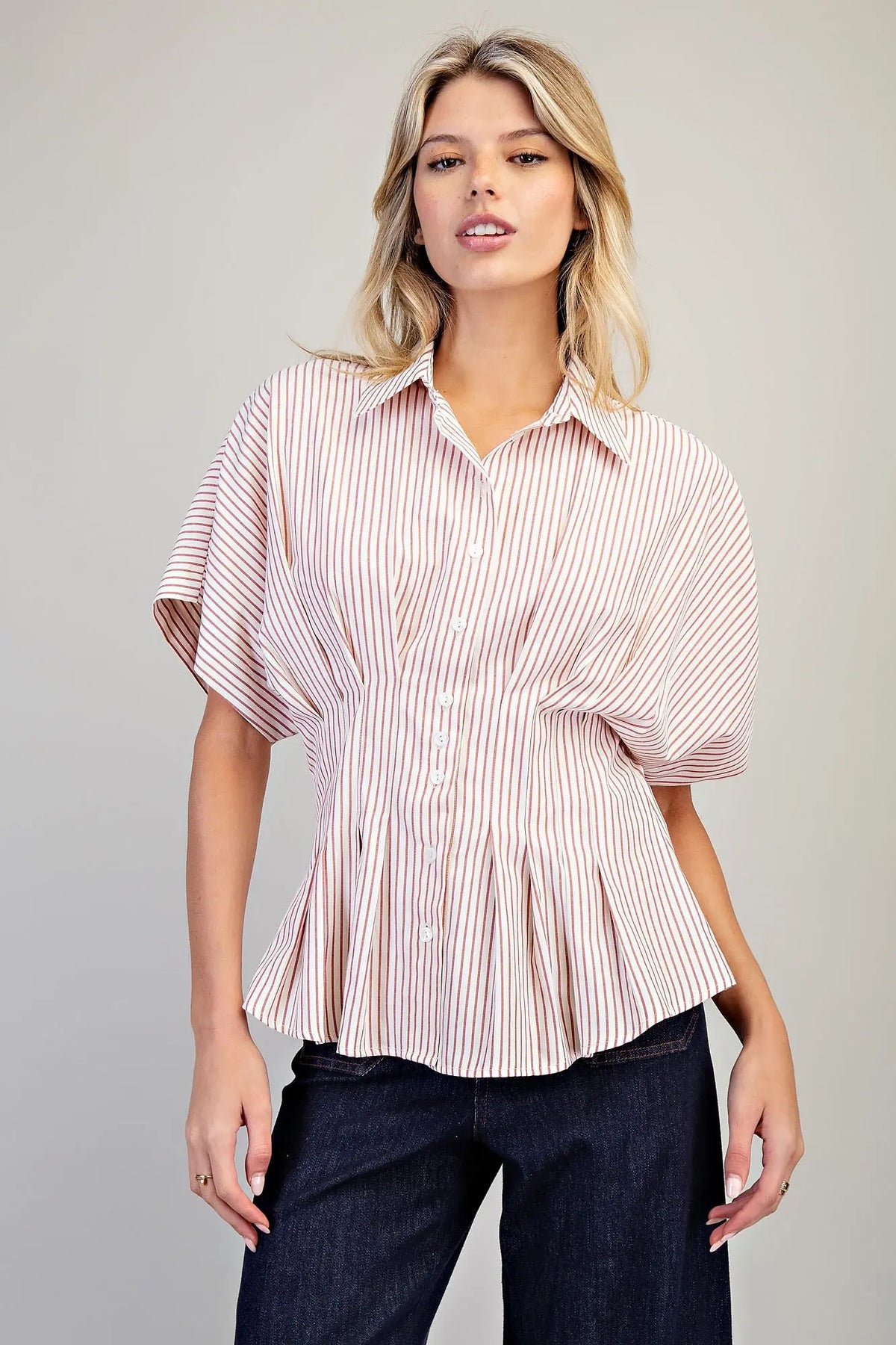 Striped Pleated Collared Button Down Top | Raspberry
