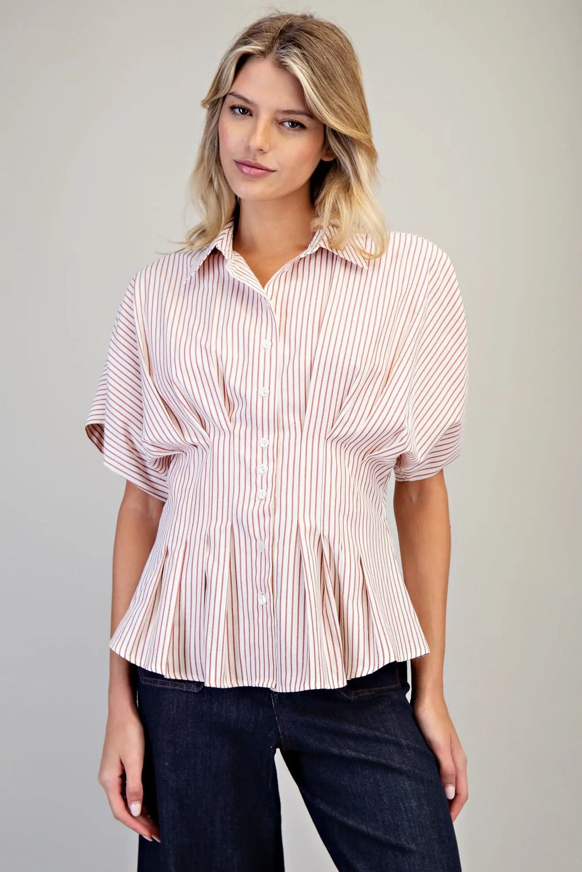 Striped Pleated Collared Button Down Top | Raspberry