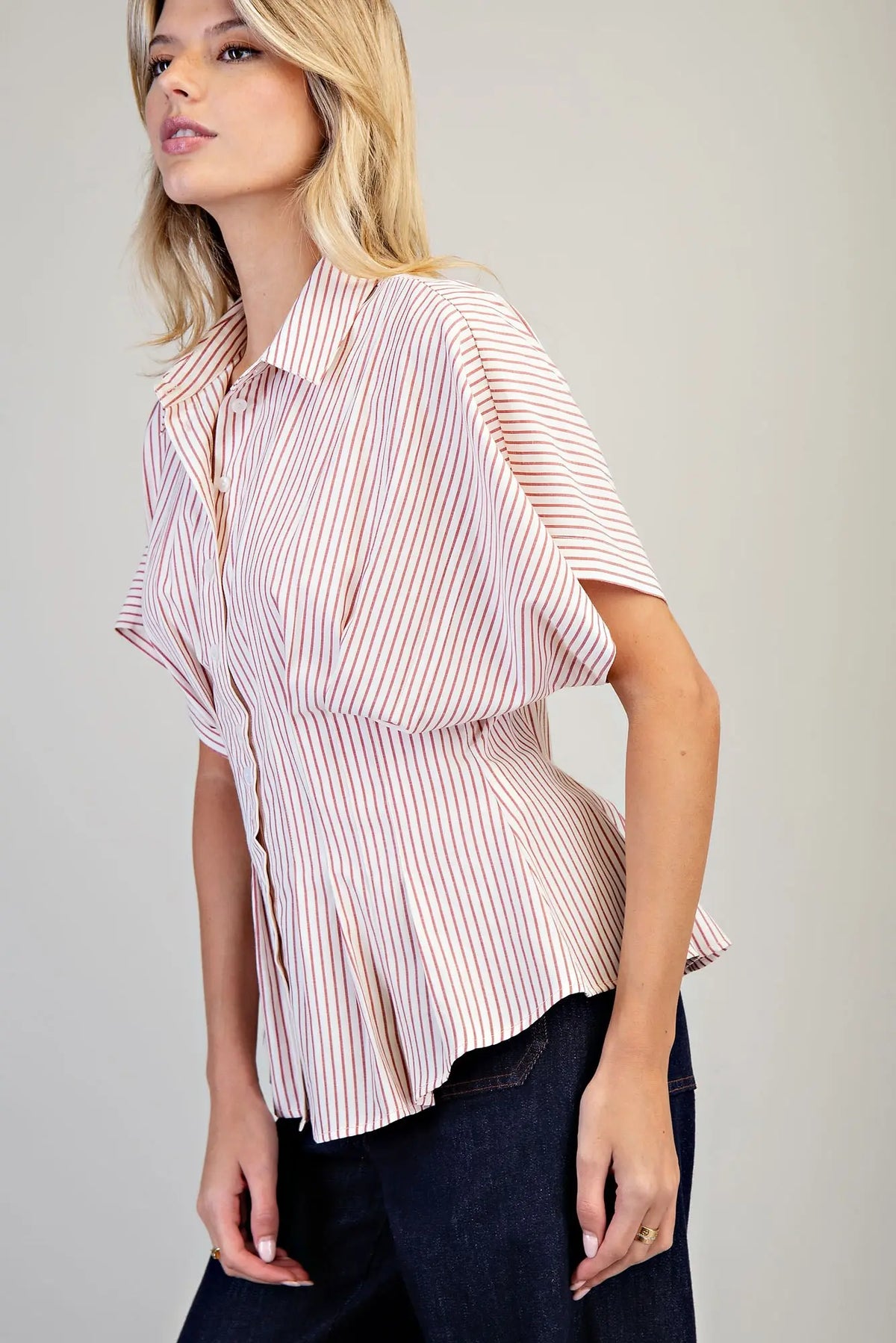 Striped Pleated Collared Button Down Top | Raspberry