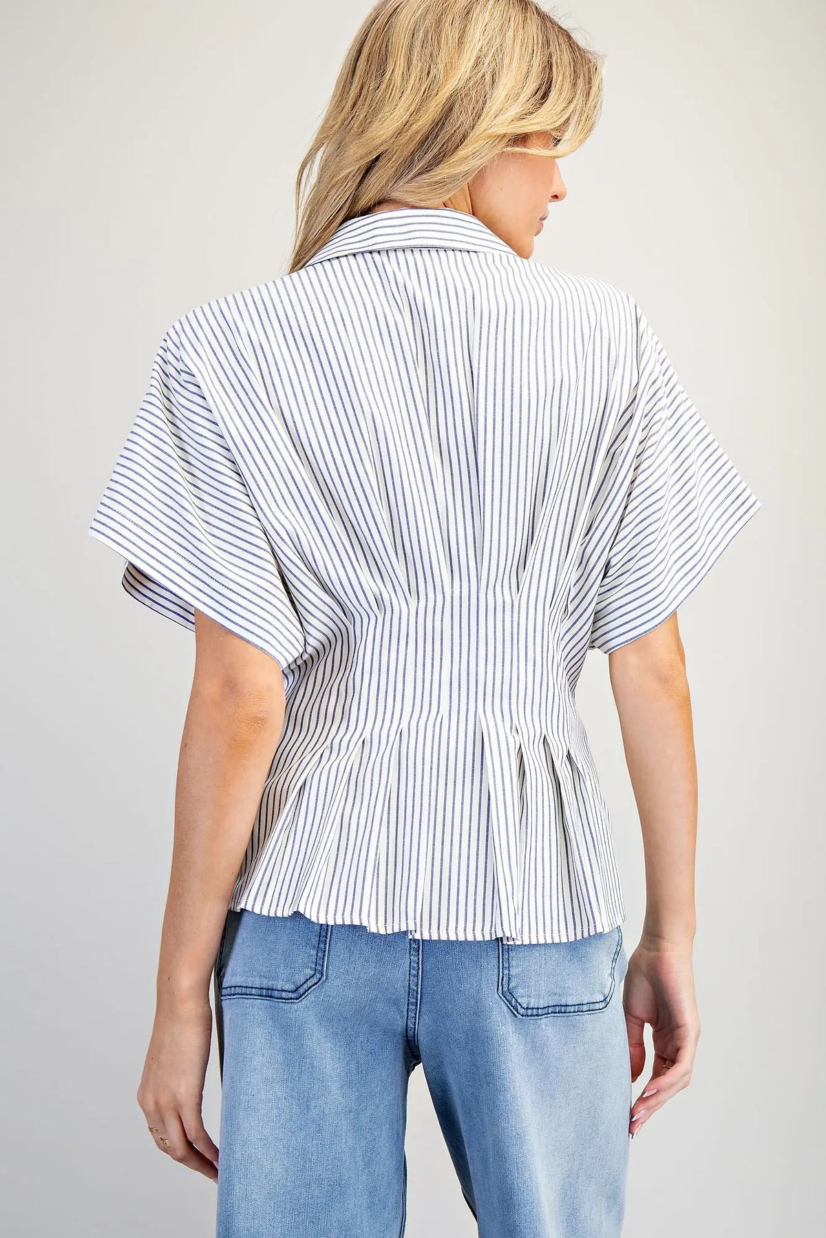 Striped Pleated Collared Button Down Top | Denim Blue