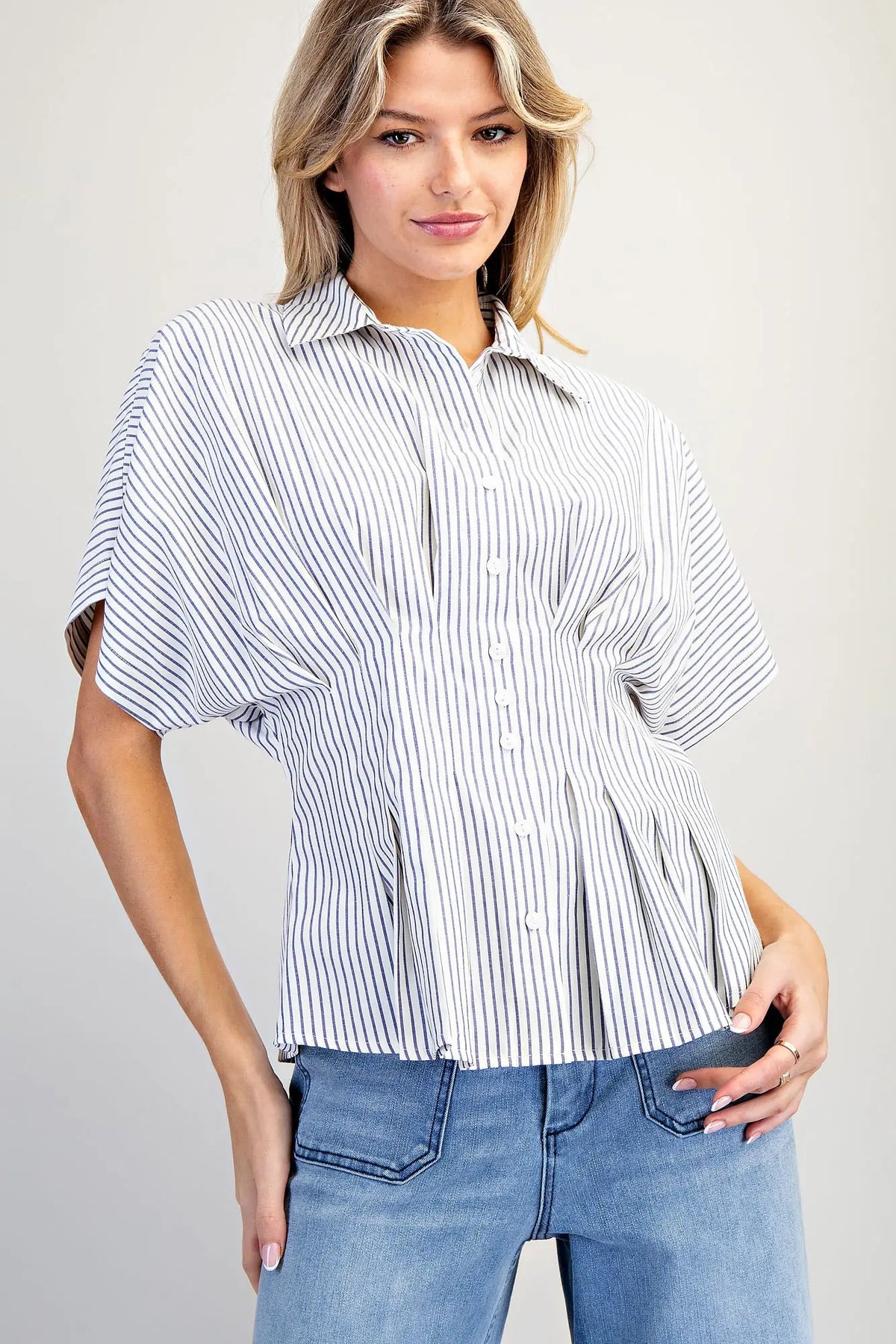 Striped Pleated Collared Button Down Top | Denim Blue