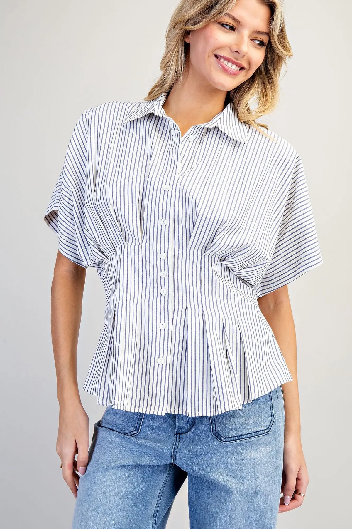 Striped Pleated Collared Button Down Top | Denim Blue