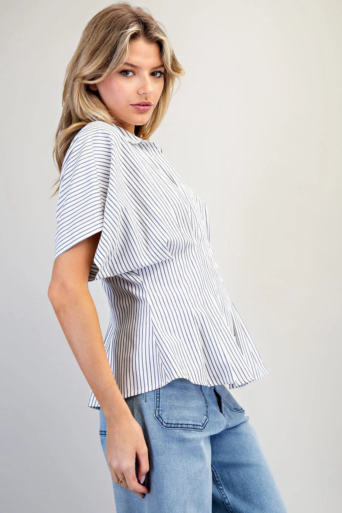 Striped Pleated Collared Button Down Top | Denim Blue