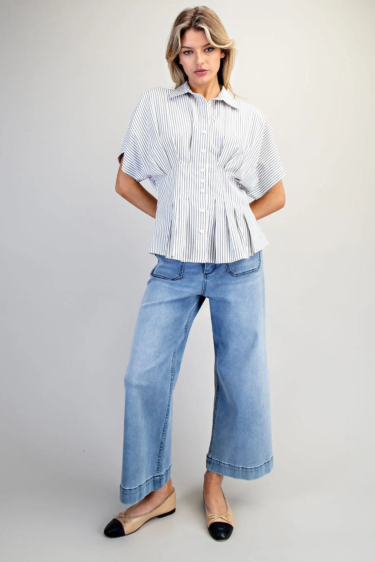 Striped Pleated Collared Button Down Top | Denim Blue