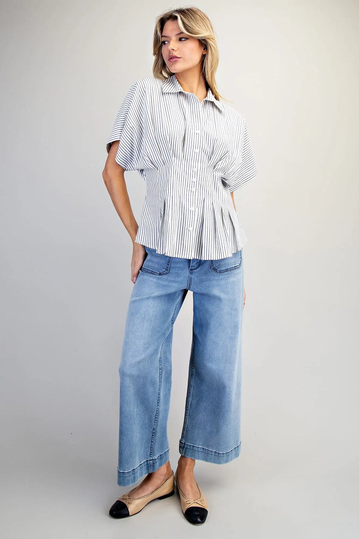Striped Pleated Collared Button Down Top | Denim Blue