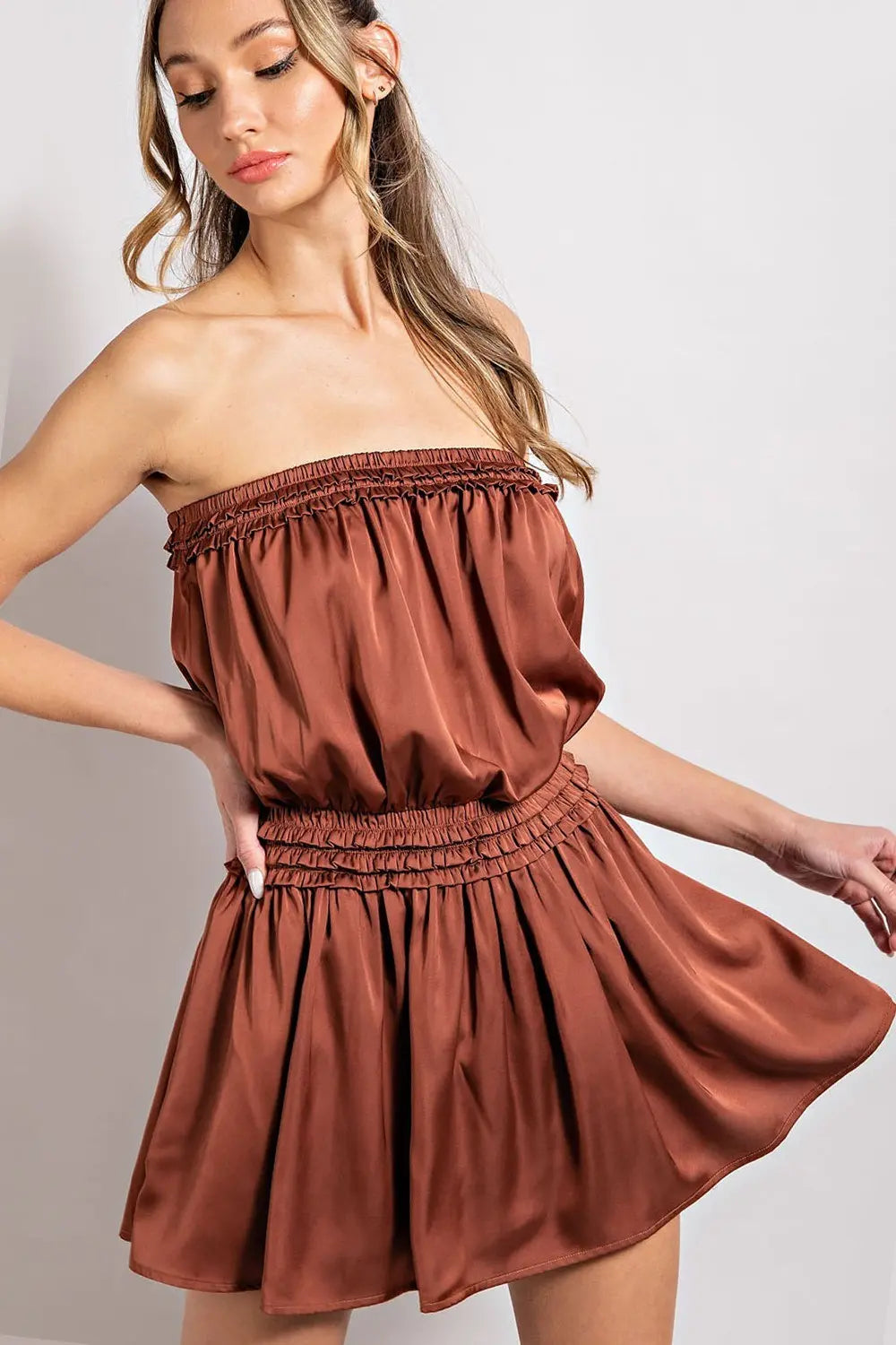 Open Shoulder Satin Romper | Clay