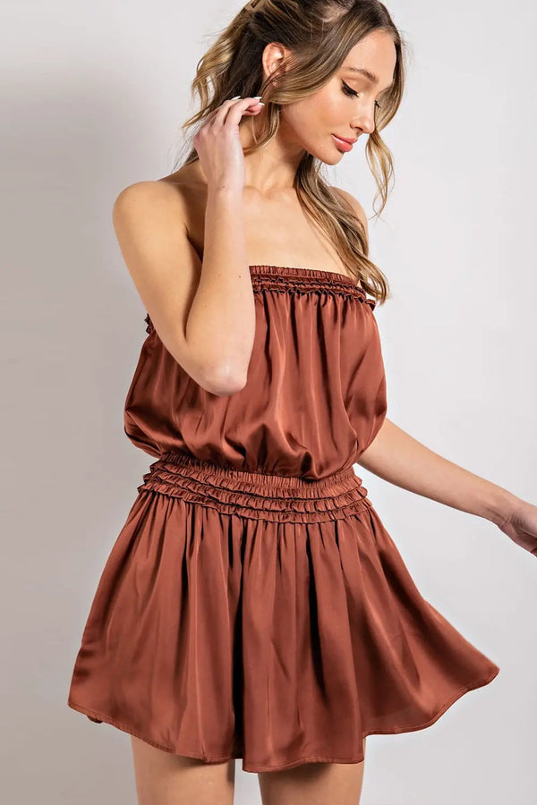 Open Shoulder Satin Romper | Clay