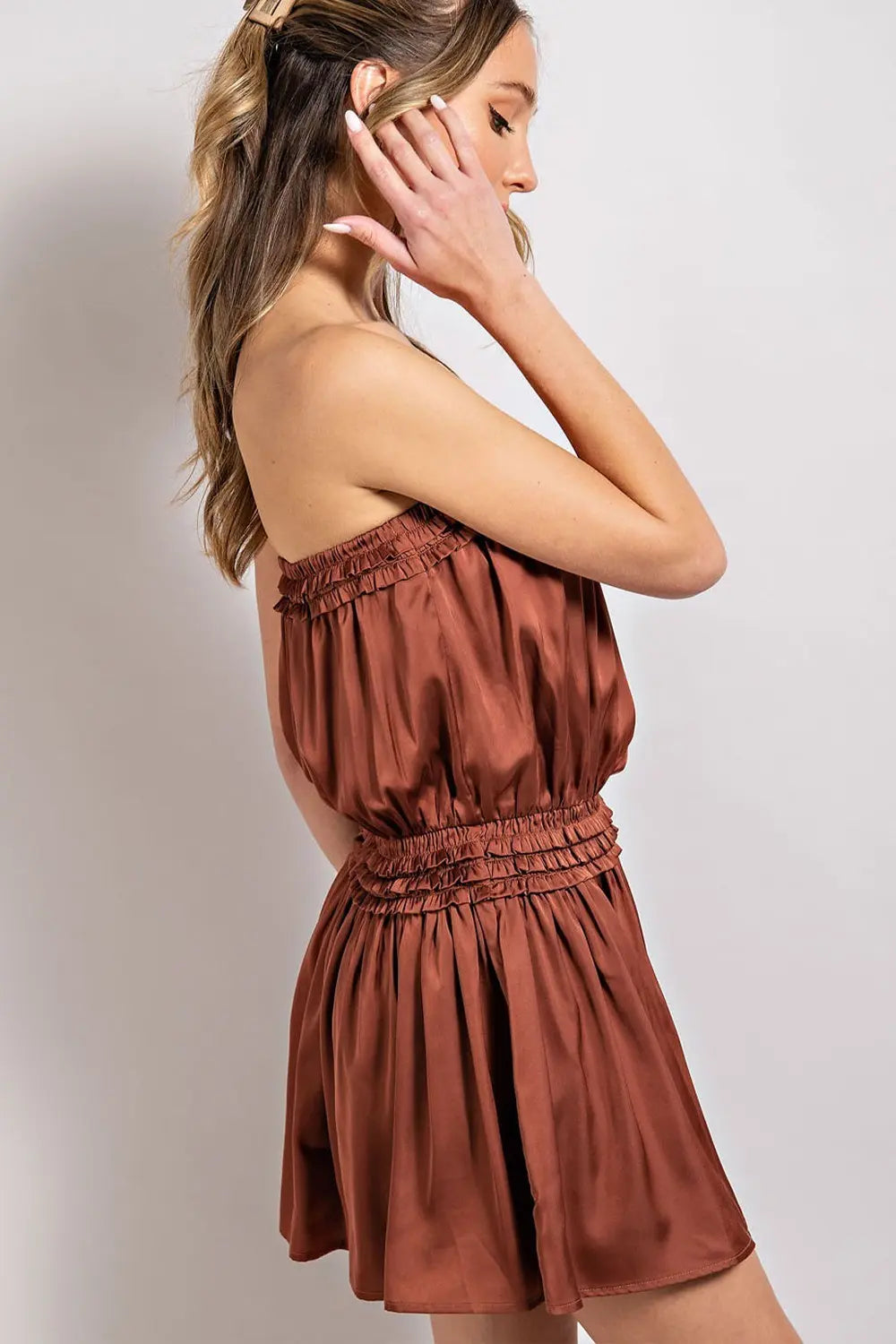 Open Shoulder Satin Romper | Clay