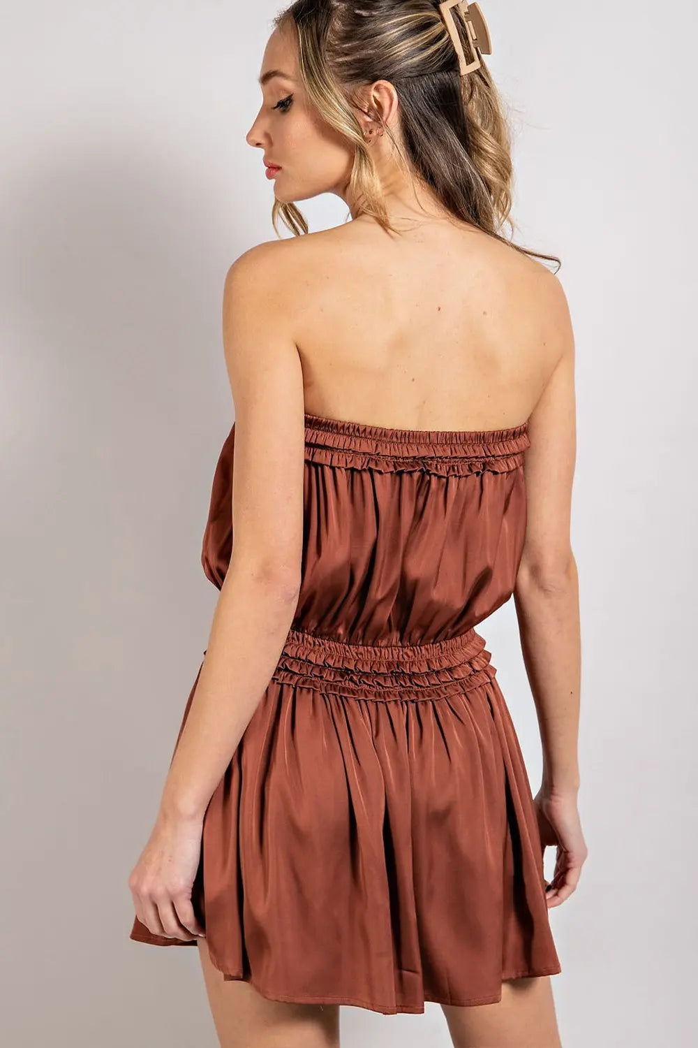Open Shoulder Satin Romper | Clay