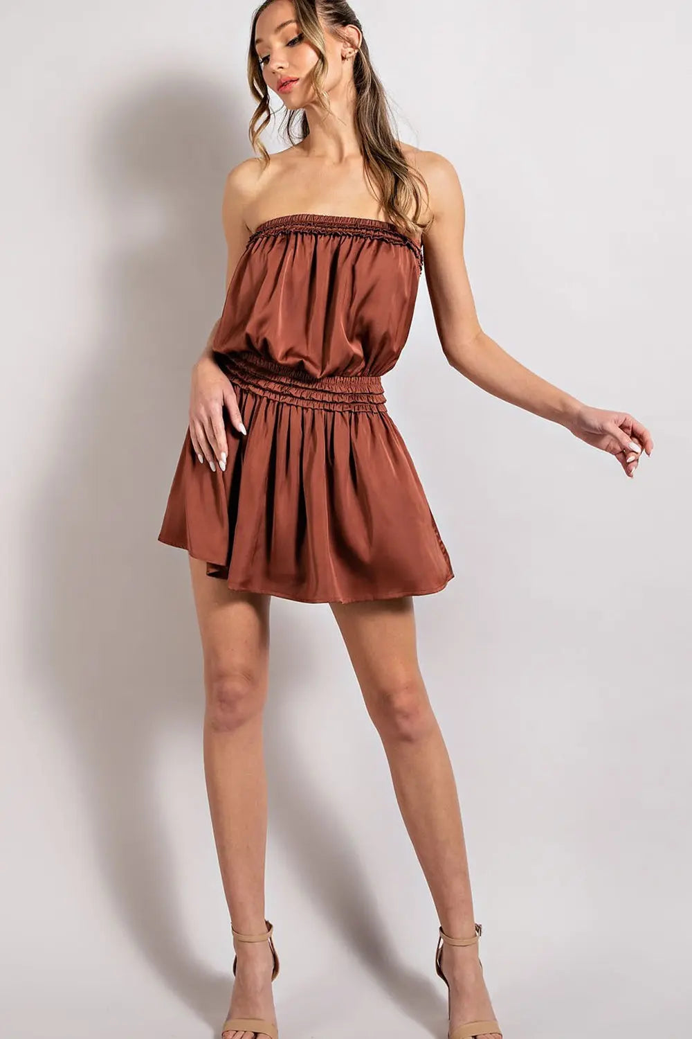 Open Shoulder Satin Romper | Clay