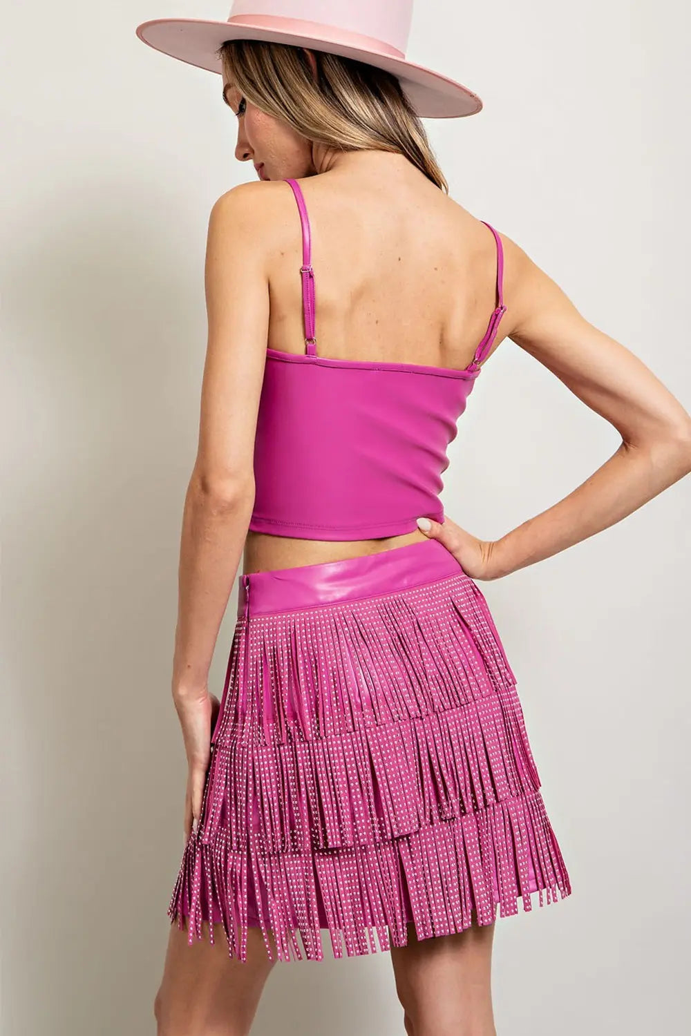 Studded Fringe Faux Leather Skirt | Hot Pink