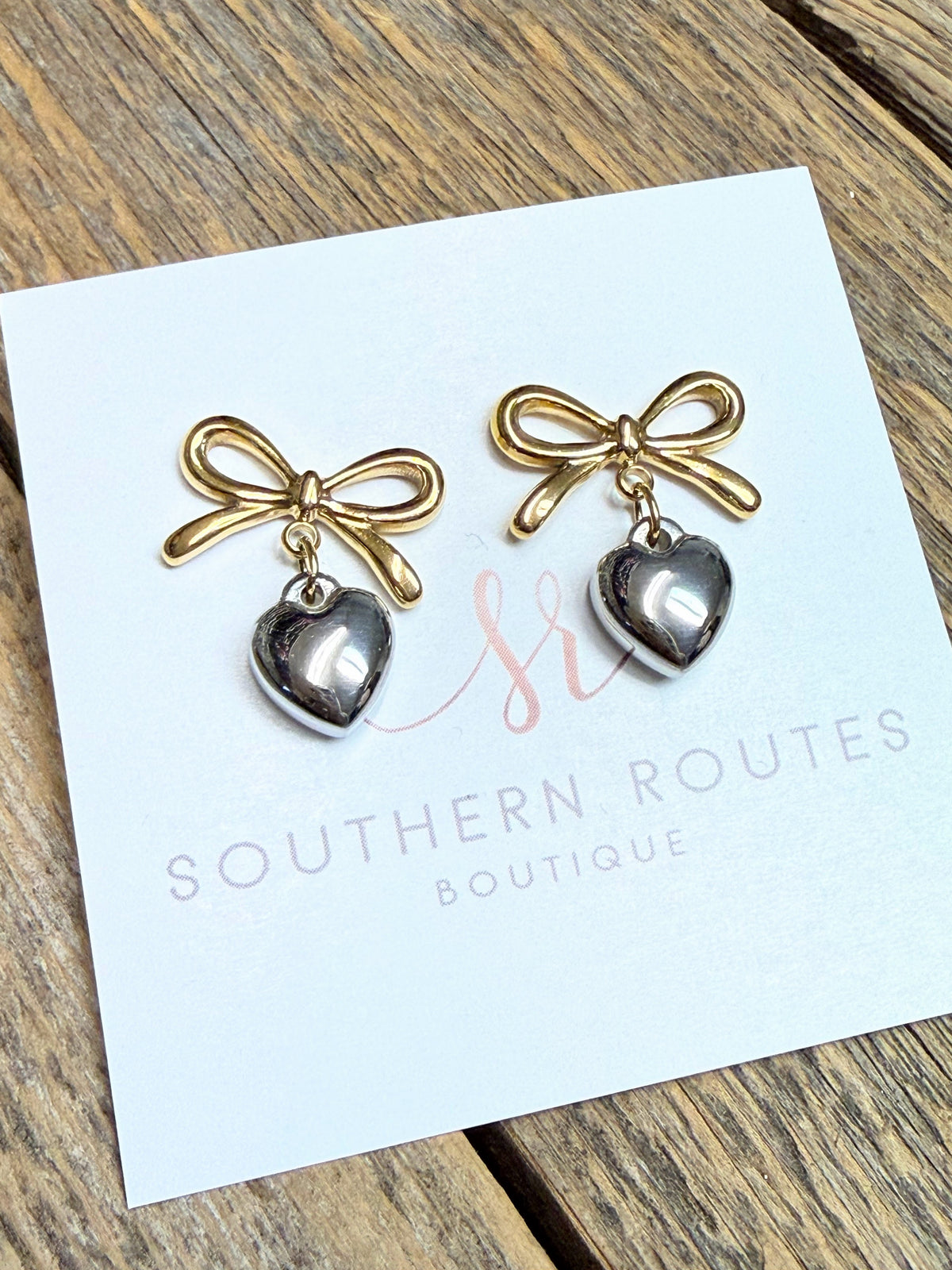 Silver/Gold Bow Heart Stud Earrings | 18k Gold-Plated